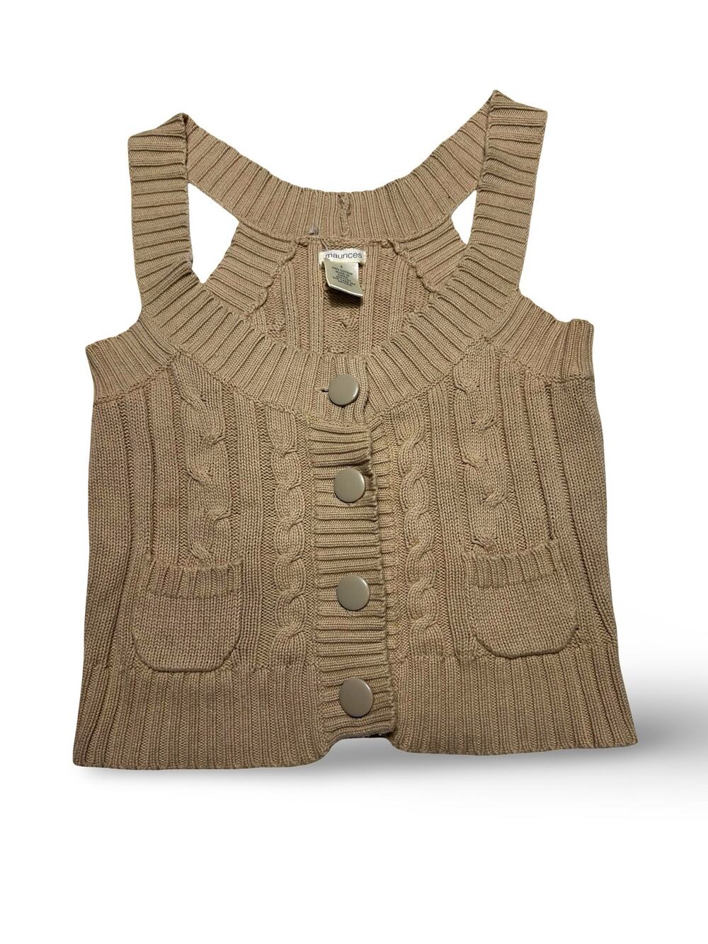 Y2K Maurices Camel Cable Knit Cropped Button Front Vest Size Small